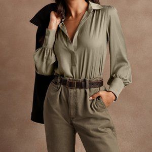 Banana Republic Silky Collar Blouse Size XS Petite Tate Olive Green NWT